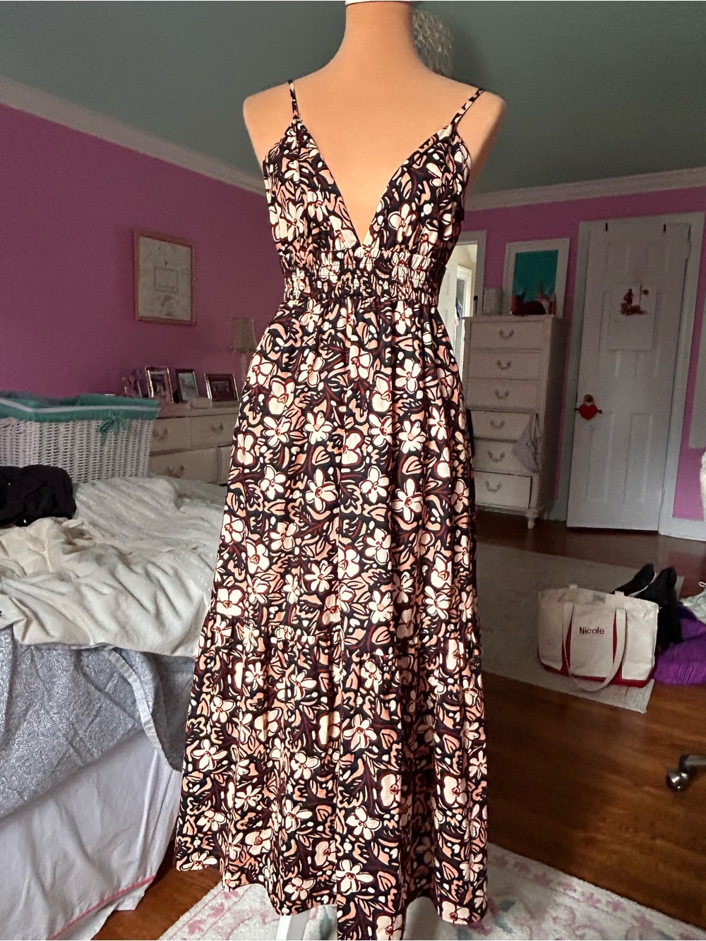 Sleeveless Floral V-Neck Maxi Dress - Black & Pink Floral